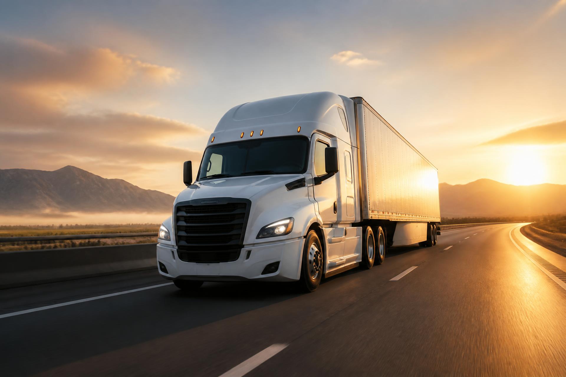 White Atlas Transportation tractor and trailer on an empty interstate at sunrise
